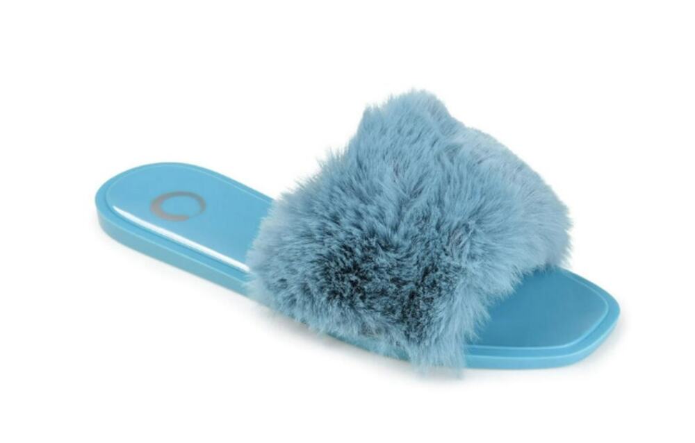 JOURNEE COLLECTION WOMENS 'DUSK' FAUX FUR BAND SLIDE SANDALS BLUE SIZE 7M NEW